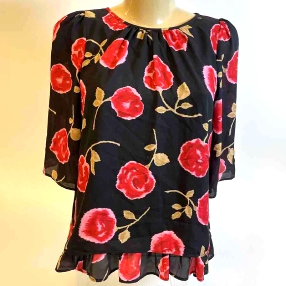 Kate Spade Hazy Rose Black Top with Red Floral Design Xs - Picture 4 of 10
